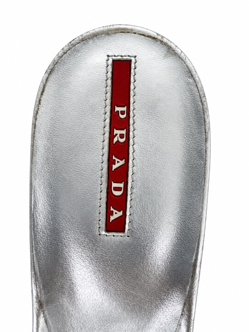 Prada Silver Metallic Leather Open Toe Mule Heels Sandals Size 37 - Picture 8 of 16